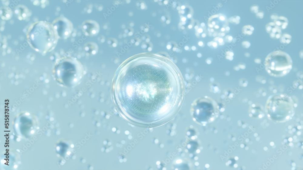 3D cosmetic rendering Blue Bubbles liquid serum on a blurry background. Design of collagen bubbles. Essentials of Moisturizing and Serum Concept. Concept of vitamins for beauty and health.