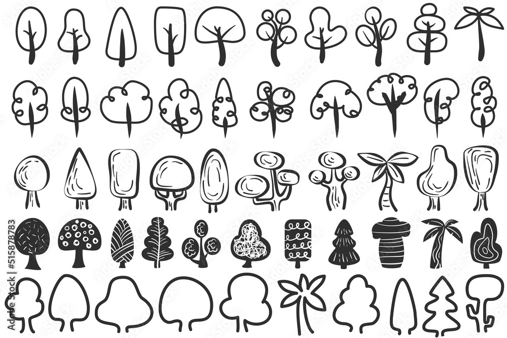 Set of hand drawn doodle trees various form isolated on white background. Cute sketches nature plants. Collection cartoon design elements. Vector illustration.