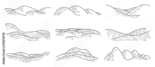 Set of cartoon doodle nature landscapes isolated on white background. Collection hand drawn panorama environment. Line silhouettes composition. Vector illustration.