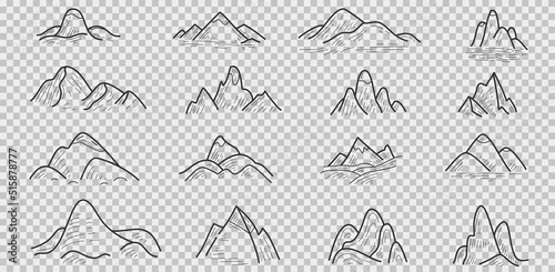 Set cartoon hand drawn silhouettes mountain isolated on transparent background. Collection various doodle nature landscapes. Vector design elements. Simple illustration.