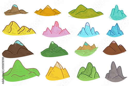 Set cartoon hand drawn silhouettes mountain isolated on white background. Collection various doodle nature landscapes. Vector design elements. Simple color illustration.