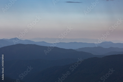 Panoranic blue view of mountain hills and meadows during sunset in Carpathians, Chornohora