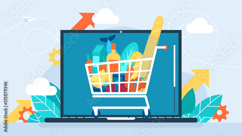 Online shopping. Full shopping cart with fresh grocery products on the background of the laptop. Web supermarket. Set of products. Food store, shop, supermarket. Flat design. Vector illustration. 
