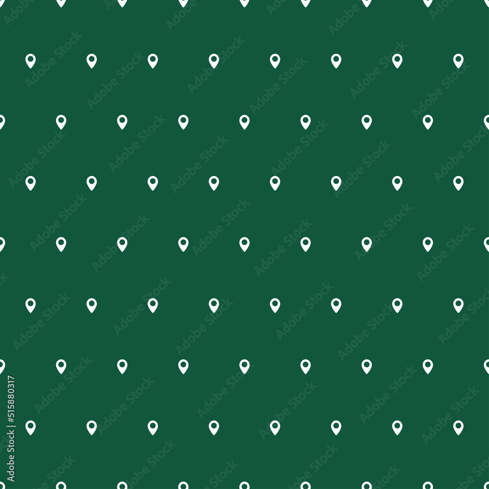 Green seamless pattern with white tiny map pin. Green seamless pattern with white tiny map pin.