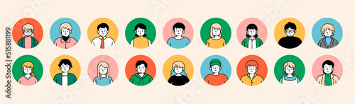 Outline avatars profile set, office workers, hand-drawn icon style, character design, vector illustration.
