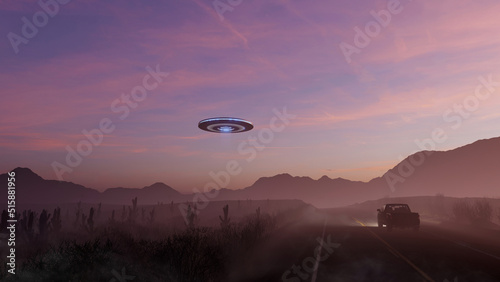 3d render. UFO over the road in the desert at sunset.