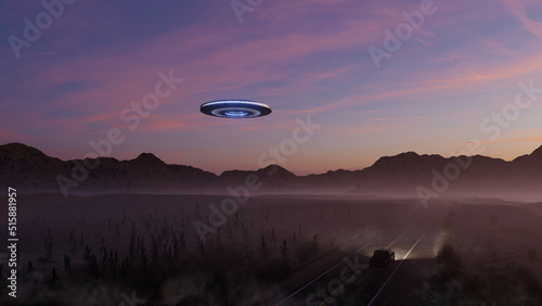 3d render. UFO over the road in the desert at sunset.