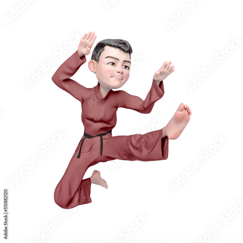 karate boy cartoon is doing a jump attack