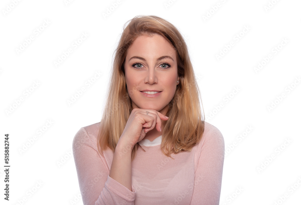 Attractive blond young woman. Portrait of a beautiful blond woman on a white background. Attractive blond young woman. Portrait of a beautiful blond woman on a white background.