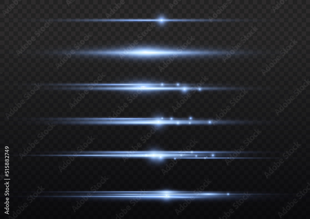 blue neon glowing rays set, horizontal light line blue neon glowing rays set, horizontal light line