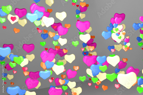 3D rendering many colorful heart shapes
