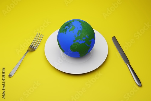 food crisis on the planet concept. globe on a plate and a fork with a knife. 3D render.