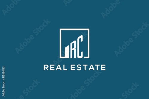 Letter RC square line with building logo design, creative monogram logo style for real estate company