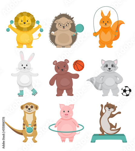 Animals sport cartoon collection set. Cute animals go in for sports. Motivation for children. Vector illustration for children's sports section, football, basketball, athletics.