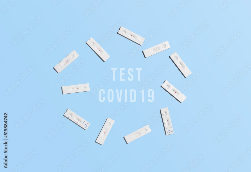 Rapid test group for sars covid 19, antigen test used with its different results on a light blue background Rapid test group for sars covid 19, antigen test used with its different results on a light blue background