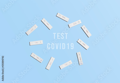 Rapid test group for sars covid 19, antigen test used with its different results on a light blue background