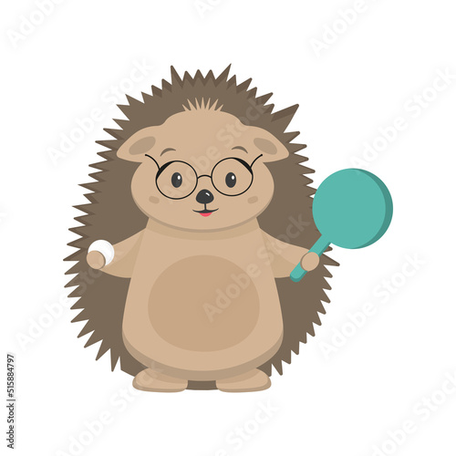 Little hedgehog goes in for sports and plays table tennis. Healthy lifestyle, physical culture, sport. Cute character for children's sports section.