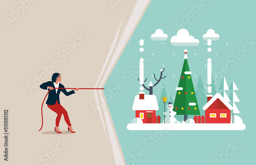 Businesswoman pulling light blank fabric. Place for text.