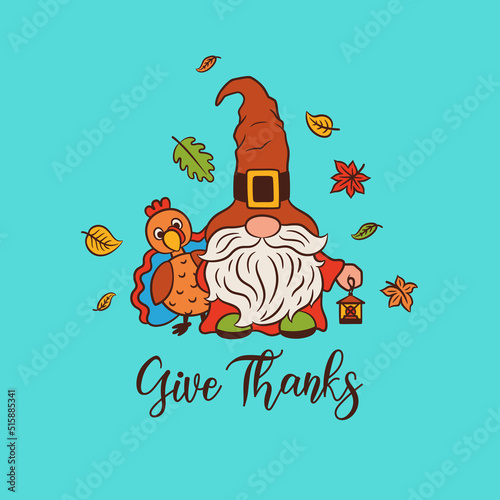 Give thanks card design with cartoon turkey and pilgrin gnome characters and falling leaves. Fall autumn design for Thanksgiving poster, banner, sign, decoration, etc. photo