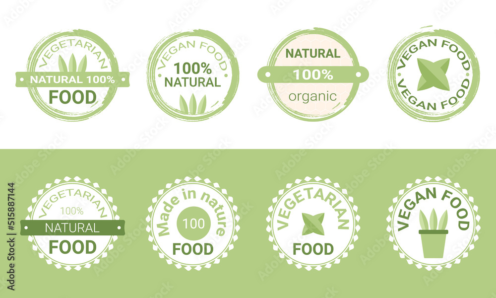 Vegetarian Sticker collection. Made by nature. Vector illustration for food market, e-commerce, restaurant, healthy life and premium quality food and drink promotion.