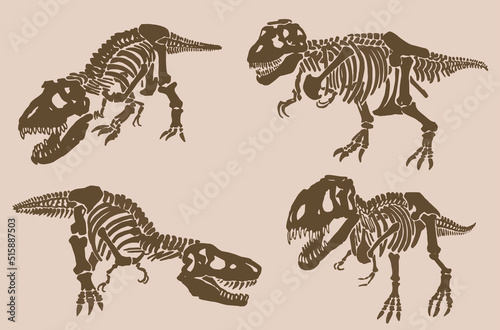 Graphical vintage set of dinosaur skeletons , sepia  background,vector sketch, fossils