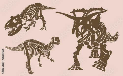 Graphical vintage set of dinosaur skeletons , sepia  background,vector sketch, fossils
