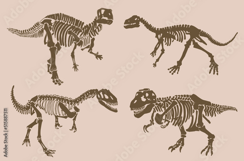 Graphical vintage set of dinosaur skeletons , sepia  background,vector sketch, fossils
