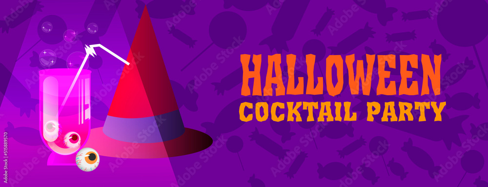 Halloween party banner with a cocktail with eyes and a straw and a witch hat on the background of silhouettes of candies. Vector graphics.