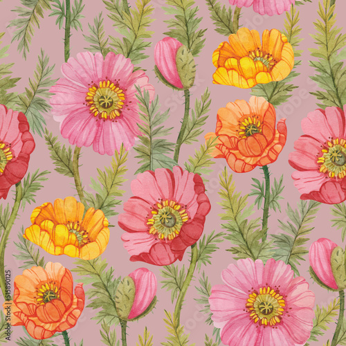 Wallpaper Mural Seamless pattern with colorful watercolor poppies. Botanical print with yellow, pink and red poppies. Torontodigital.ca