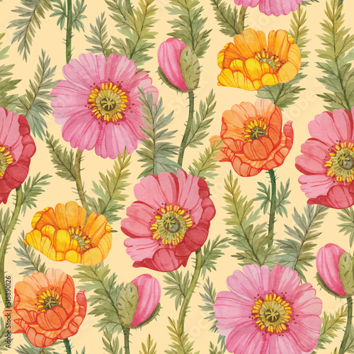 Seamless floral pattern with hand drawn watercolor poppy flowers and leaves. Botanical print with yellow, pink and red poppies.