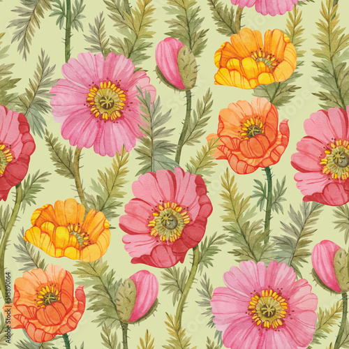 Seamless floral pattern with hand drawn watercolor poppy flowers and leaves. Botanical print with yellow  pink and red poppies.