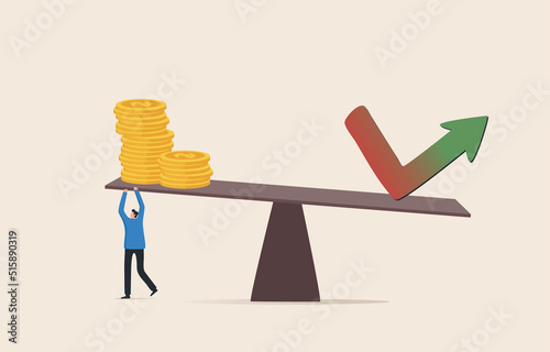 Leverage investing. Buying shares through a credit balance account. Fund management is both an opportunity and a risk. Businessman Balancing Stacked Coins With on Wooden Seesaw.