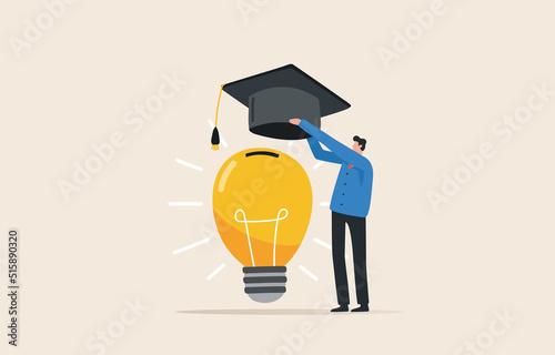 Investment in knowledge pays the best interest. Invest in yourself. .Study work, stock funds, self improvement. Time management and business. A businessman wears a graduation cap to light an idea.