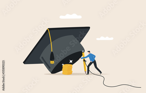 Student loan debt. Education Finance Trap. Money is under the graduation hat trap.