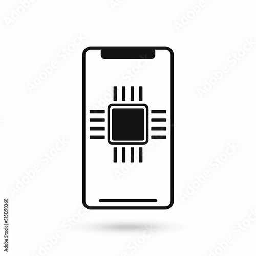 Mobile phone flat design icon with cpu or gpu chip sign.