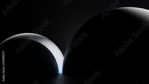 3D rendering. 3D illustration. Very dark room with a dim light from the back illuminating three spheres.