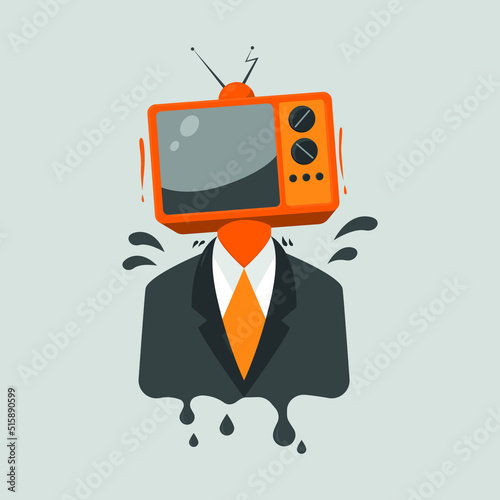 Fake news concept. Man with loudspeaker from screen addresses people with TVs on their heads. Brainwashing, hypnosis. Deception and lies, unscrupulous media. Cartoon flat vector illustration