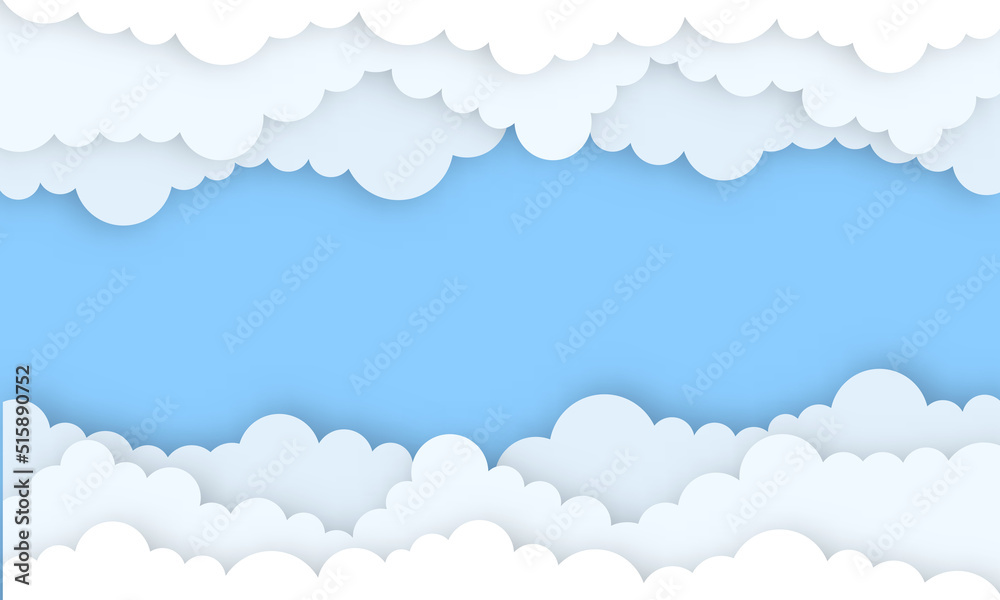 Beautiful fluffy clouds on blue sky background. Vector illustration. Paper cut style.