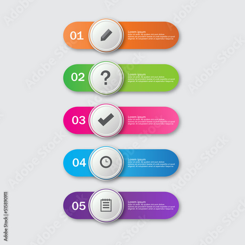 Five steps infographics  illustrate a business strategy, workflow, brainstorming process, progress, success.