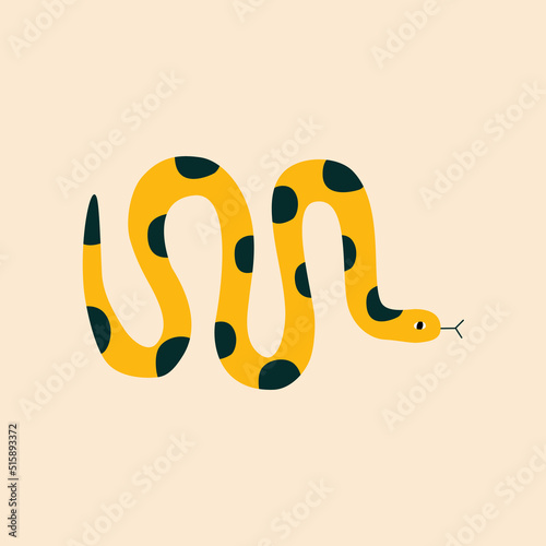 Yellow tropical snake hand drawn vector illustration. Isolated colorful serpent in flat style for logo or icon.