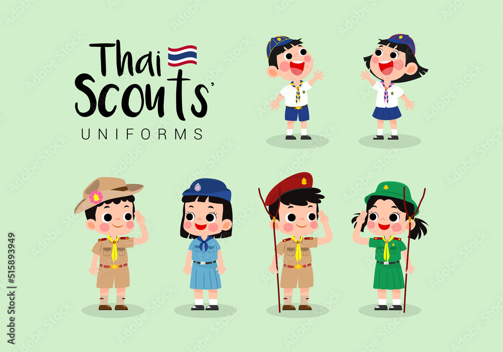 Set of Thai boy and girl scouts uniforms vector illustration. Thai Scouts' attire - obrazy, fototapety, plakaty 
