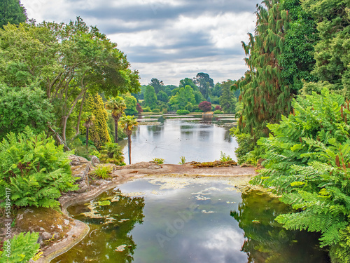 A georgeous colourful view across the lake of Sheffield park from a bridge