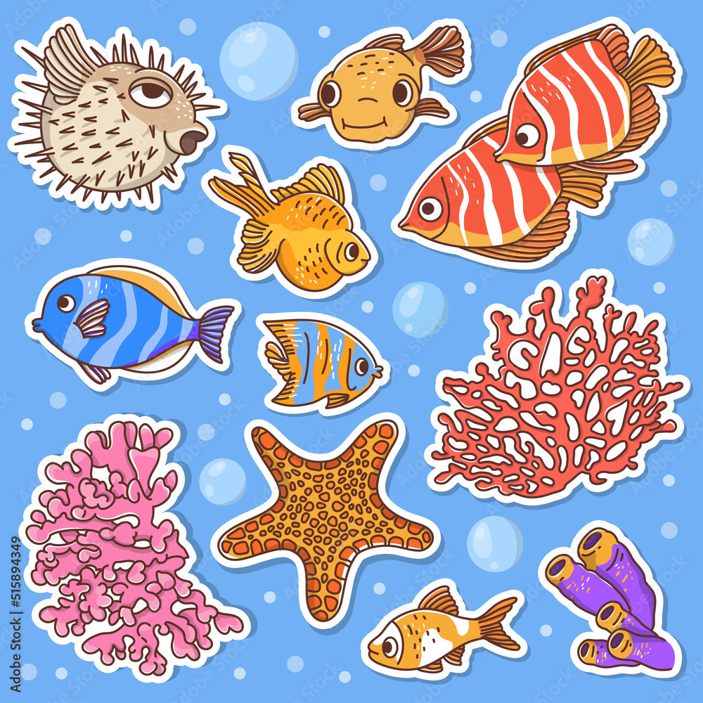 Set with marine inhabitants in the underwater world in the style of a doodle.