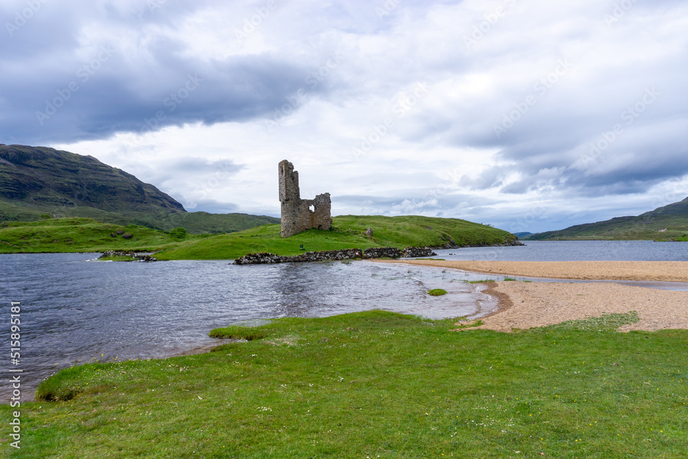 view of the Ardvreck Castle on Loch Assynt in the Scottish Highlands