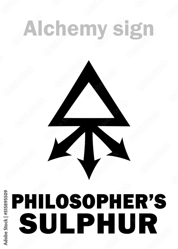 Alchemy Alphabet: SULPHUR PHILOSOPHORUM (Philosophic Sulfur, Philosophers' perfect sulphur, Perfect Sulfur), The dry fiery perfect masculine source. Alchemical sign, Medieval symbol. Alchemy Alphabet: SULPHUR PHILOSOPHORUM (Philosophic Sulfur, Philosophers' perfect sulphur, Perfect Sulfur), The dry fiery perfect masculine source. Alchemical sign, Medieval symbol.