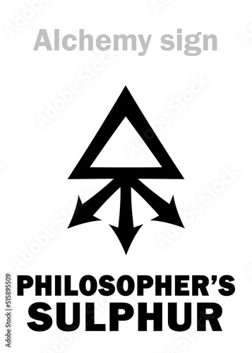 Alchemy Alphabet: SULPHUR PHILOSOPHORUM (Philosophic Sulfur, Philosophers' perfect sulphur, Perfect Sulfur), The dry fiery perfect masculine source. Alchemical sign, Medieval symbol. photo