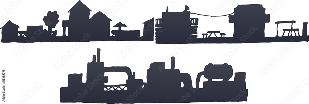 A set of illustrations of gradient backdrops. Village, city, factory, eps ready for use. For your design