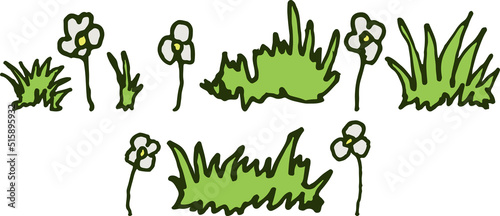 A set of illustrations of grass and simple flowers with an outline. Greens  blades of grass  daisies  eps ready for use. For your design