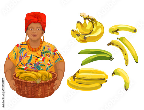759_banana_woman with dark skin bananas from different angles, whole, cartoon banana slices, banana peel, yellow tropical fruits, banana snacks or vegetarian food, dark-skinned African woman in bright