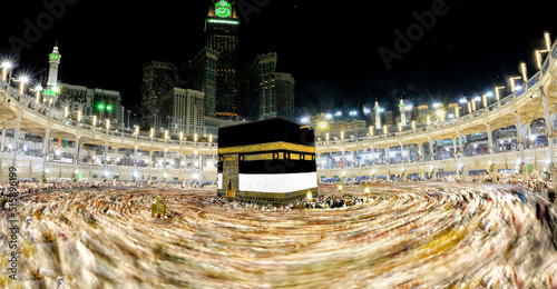 Crowd of people making Tawaf around The Holy Kaaba in Makkah during Umra or Hajj, View from the top of Masjid Al Haram. Long Exposure at night